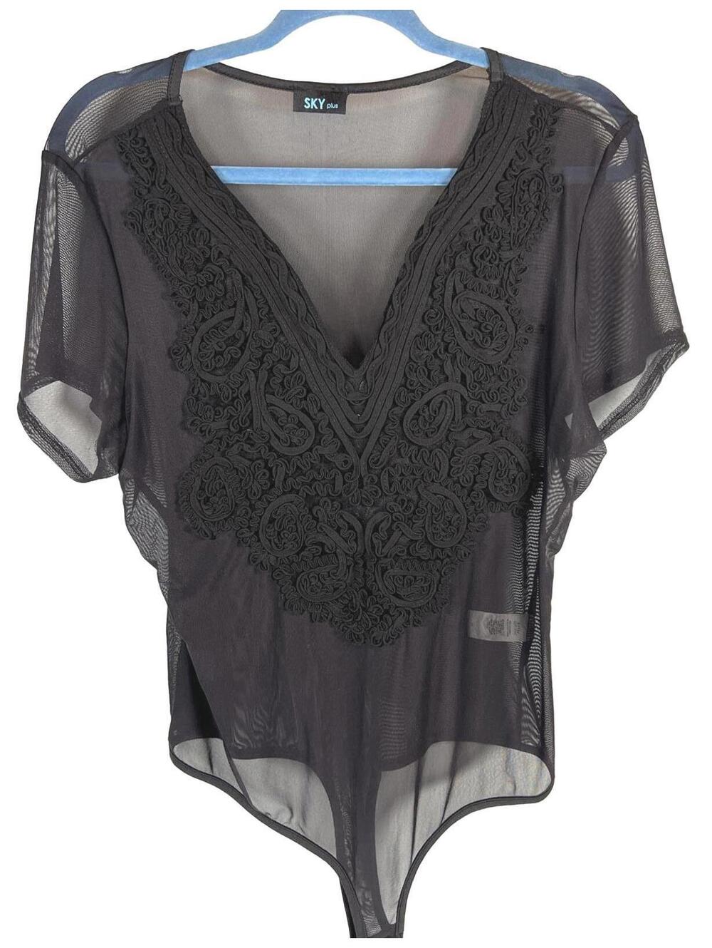 Vintage Sky Plus Sheer Black Mesh Lace V-Neck Bodysuit 3X Whimsigoth Goth Y2K